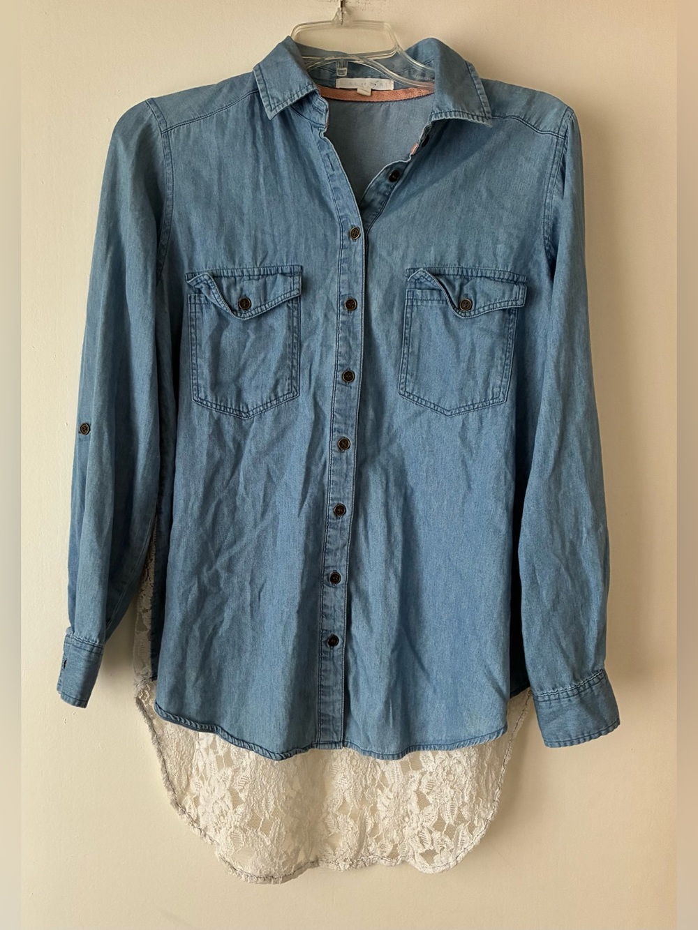 Hint of Mint Denim Shirt w/ Lace Back, Sz. S